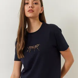 BIANCO LUCCI Women Typography Extended Sleeves Cut Outs T-shirt-image-72
