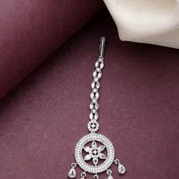 ZENEME Silver-Plated American Diamond Studded Maang Tikka Head Jewellery-image-12