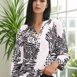 Stylecast X Slyck Women Abstract Print Mandarin Collar Puff Sleeve Top-image-43