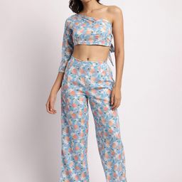 EROTISSCH Blue Floral Printed One Shoulder Relaxed-Fit Top With Trouser-image-95