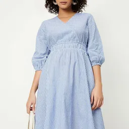 max Women Striped Puff Sleeves Cotton Fit & Flare Dress-picture-17