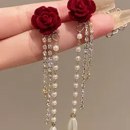 DIVASTRI Gold-Plated Stones Studded & Pearls Beaded Korean Tasselled Floral Drop Earrings-20