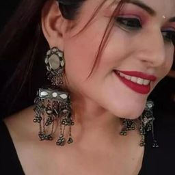 SZN KoreanEarring379 Black Silver-Plated Dome Shaped Kundan Jhumkas Earrings-12