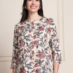 Moda Rapido Floral Print Mandarin Collar Organic Cotton Top-image-53