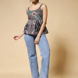 Womenster Women Bandhani Printed Scoop Neck Strappy Sleeveless Ethnic Cotton Top-image-84