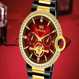 Hala Men Embellished Dial & Bracelet Style Straps Analogue Watch 3001-Red-Gold-Black-31