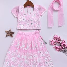 JBN Creation Girls Embroidered Sequinned Organza Lehenga With Blouse & Dupatta-picture-7