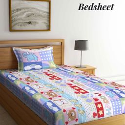 Aura Blue & Red Cartoon Characters 350 TC Single Bedsheet with 1 Pillow Covers-image-87