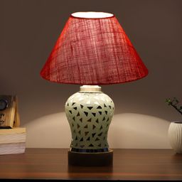 Devansh Pink Textured Traditional Frusturical Shaped Wooden Table Lamp & Mosaic Glass-30