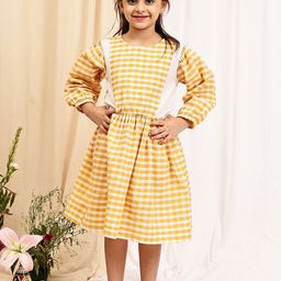 NEUDIS Girls Checked Puff Sleeve Fit and Flare Midi Dress-image-7