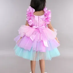 Pink Chick Solid Colourblocked Flutter Sleeve Layered Net Fit & Flare Dress image 5