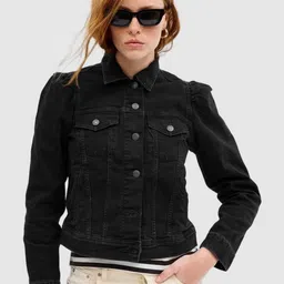 GAP Women Spread Collar Solid Pure Cotton Casual Denim Jacket-image-95