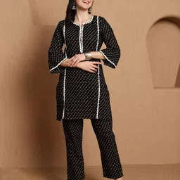 Sangria Black & White Polka Dot Printed Pure Cotton Lace Embellished Tunic With Trousers-5
