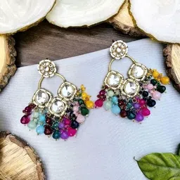 MADDY SPACE Silver-Plated Artificial Stones Studded And Beaded Contemporary Drop Earrings-14