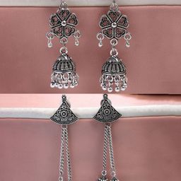 Anouk Set Of 2 German Silver-Plated Oxidised Dome Shaped Jhumkas-65