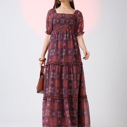 Globus Square Neck Puff Sleeves Ethnic Print Smocked Tiered Fit & Flare Maxi Dress-image-14