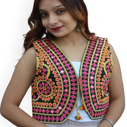 Prijam Women Collarless Self Design Ethnic Denim Jacket-image-33