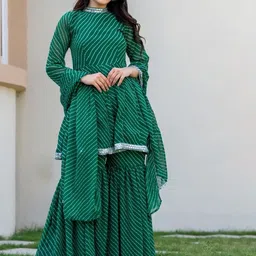 HOUSE OF JAMOTI Aura Leheriya Printed Mirror Work Georgette Kurti With Sharara & Dupatta-image-57