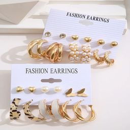 GOLDIWALA Set Of 12 Gold Plated Pearls Beaded Geometric Half Hoop Earrings-12