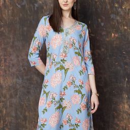 Melange by Lifestyle Floral Printed Mirror Work V-Neck Straight Kurta-20