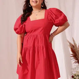 CURVY STREET Plus Size Puff Sleeve Pure Cotton Tiered A-Line Dress-15