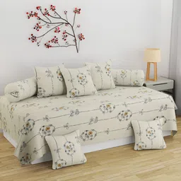BELVOSTUM 8Pcs Cream-Colored & Black Floral Printed Cotton Diwan Set-28