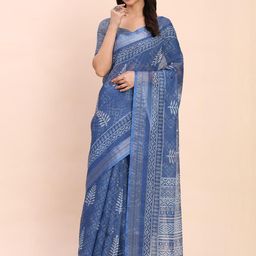 KALINI Zari Linen Blend Designer Block Print Saree-image-10
