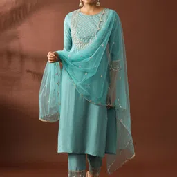 Jaipur Kurti Women Floral Embroidered Regular Beads and Stones Kurta with Trousers & With Dupatta-image-62