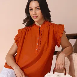 DL Woman Solid Textured Sleeveless Round Neck Ruffle Top-7