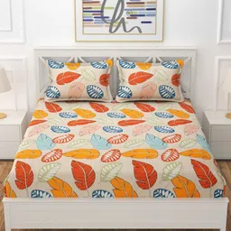 YaAkholic Cream-Coloured & Orange Floral 210 TC King Bedsheet with 2 Pillow Covers-32