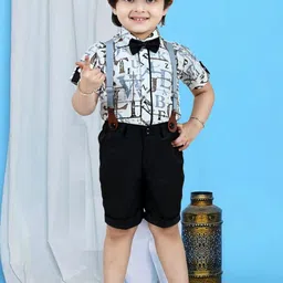 OJ TREND kids grey printed Y suspenders shirt & shorts dungaree set with bow tie and cap-picture-29