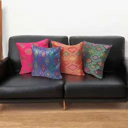 Dhrohar Blue & Green Set Of 4 Geometric Pattern Silk Square Cushion Covers-image-29