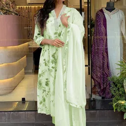 KERI PERRY Floral Printed V-Neck A-Line Kurta With Palazzos & Dupatta-6