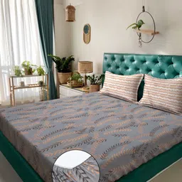 KLOTTHE Grey Printed 300 TC Fitted King Bedsheet With 2 Pillow Covers 2.50 x 2.25 m-image-29