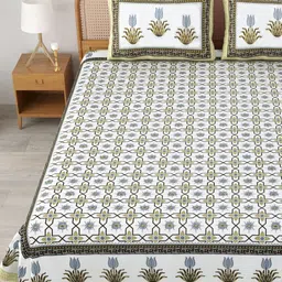MAFATLAL Sanskriti White & Yellow Printed Cotton 144 TC King Bedsheet Sets 2.34 m x 2.70 m-image-80