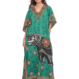 Exotic India Women Printed Kimono Sleeve Kaftan Maxi Dress-image-57