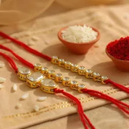 LUCKY JEWELLERY Set Of 3 Stone Studded Bhaiya & Bhabhi Rakhi With Greeting Card Gift Set-20
