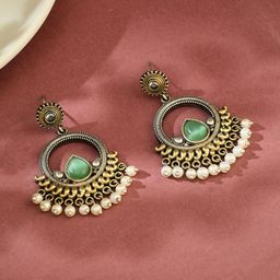 Fabindia Artificial Stones Studded And Pearls Beaded Circular Shaped Drop Earrings-picture-17