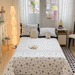 JC HOME 3Pcs Black & White Floral Printed 162 TC Double Queen Bed Covers-image-26