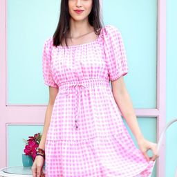 Sera girls Checked Checked Square Neck Fit and Flare Short Sleeves Mini Dresses-image-24