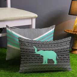 STITCHNEST Grey & Teal Set of 2 Quirky Rectangle Cushion Covers-0