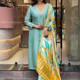 KALINI Ethnic Motifs Yoke Design Regular Pure Silk Straight Kurta with Trousers & Dupatta-picture-0