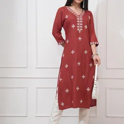 Vishudh Floral Embroidered V-Neck Mirror Work Straight Kurta-image-51