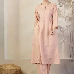 Nayam By Lakshita Round Neck Floral Embroidered Thread Work A-Line Kurta with Trousers-image-79