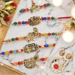 MEIRA JEWELLERY Set Of 5 Stone-Studded & Beaded Rakhi With Greeting Card Gift Set-picture-0
