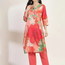 Rangriti Floral Printed Round Neck Cotton Straight Kurta-38