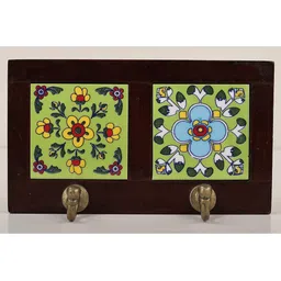 Exotic India Green 1-Piece Printed Double Tiled Wooden Framed Hooks-38