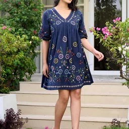 ZUMMER Women Floral Embroidered Puff Sleeve Empire Cotton Dress-picture-19