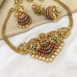 Gyaan Jewels Gold-Plated Stone-Studded & Beaded Temple Necklace and Earrings-image-86