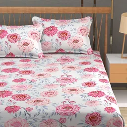 MallowWorld Pink & White Floral 200 TC Queen Bedsheet with 2 Pillow Covers-picture-42
